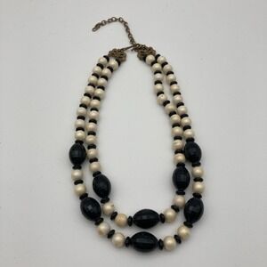 Vintage 1950s Cream & Black Two-Strand Beaded Choker Necklace